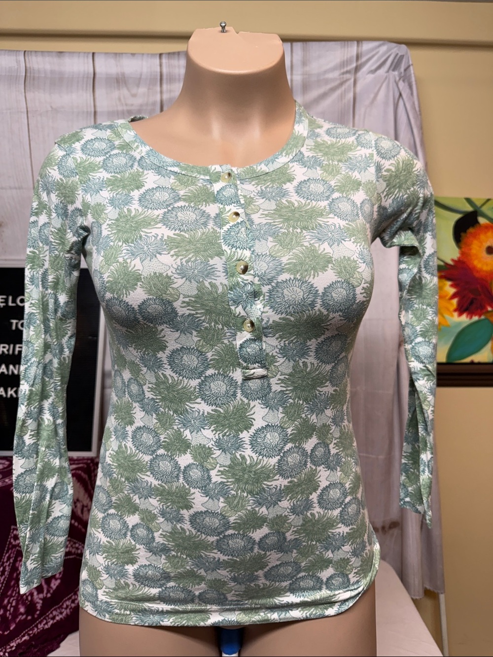 Kate Quinn Green Floral Print Long Sleeve Henley Top Medium Bamboo Viscose